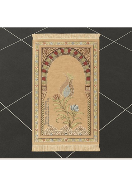 Kişiye Özel Nakış Işlemeli Lale Motifli Astarlı Saçaklı Krem Rengi Hediyelik Seccade fiyatları