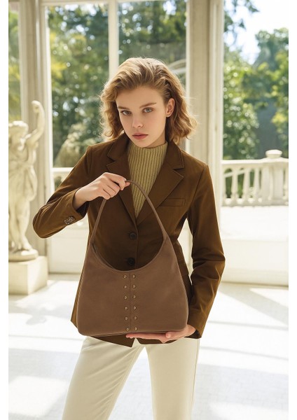 Bery Taşlı Süet Omuz Çantası Vizon