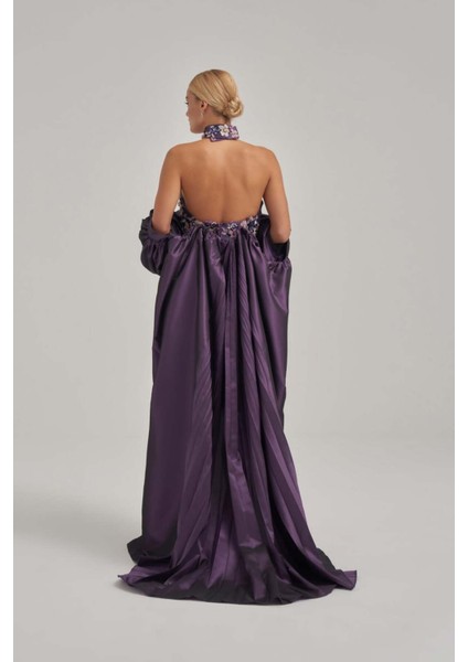 Taş ve Motif Işlemeli Kaplı Mor Tafta Abiye modelleri