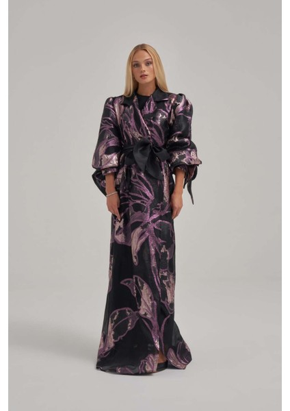 Işıltılı Gece Moru Kol Fiyonk Detaylı Uzun Ceket