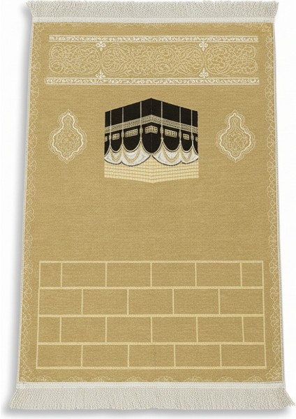 Kişiye Özel Nakış Işlemeli Kabe Motifli Saçaklı Krem Rengi Hediyelik Seccade