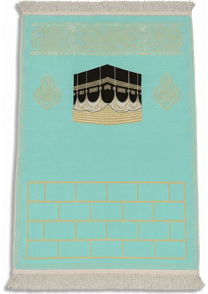 Kişiye Özel Nakış Işlemeli Kabe Motifli Saçaklı Turkuaz Renk Hediyelik Seccade