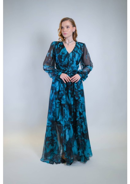 Turkuaz Şifon Kumaş Katlı Elbise