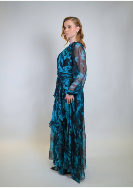 Turkuaz Şifon Kumaş Katlı Elbise modelleri