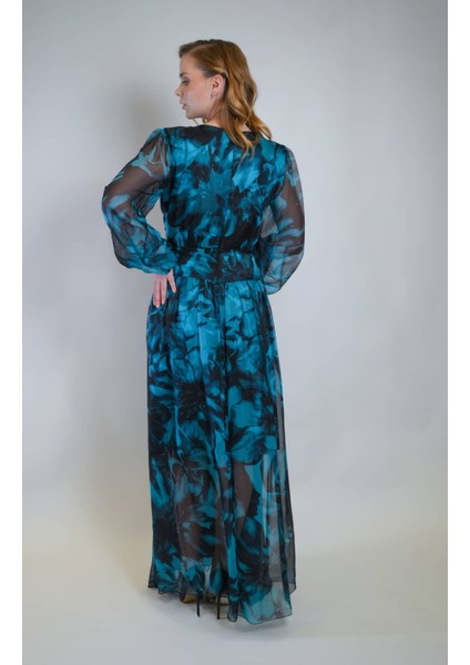 Turkuaz Şifon Kumaş Katlı Elbise fırsatları