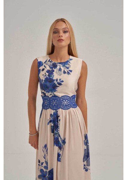 Mavi Desenli Saten Dantel Detaylı Midi Elbise fiyatları