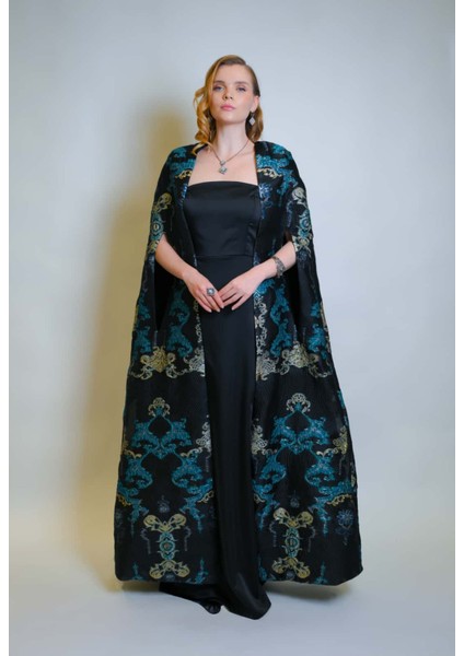 Özel Turkuaz Desen Jakar Kumaş ve Straplez Saten Elbise Kaftan Set