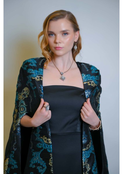 Özel Turkuaz Desen Jakar Kumaş ve Straplez Saten Elbise Kaftan Set fiyatları