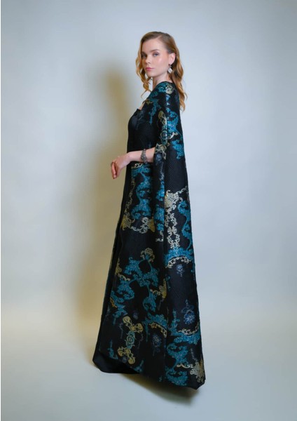 Özel Turkuaz Desen Jakar Kumaş ve Straplez Saten Elbise Kaftan Set modelleri