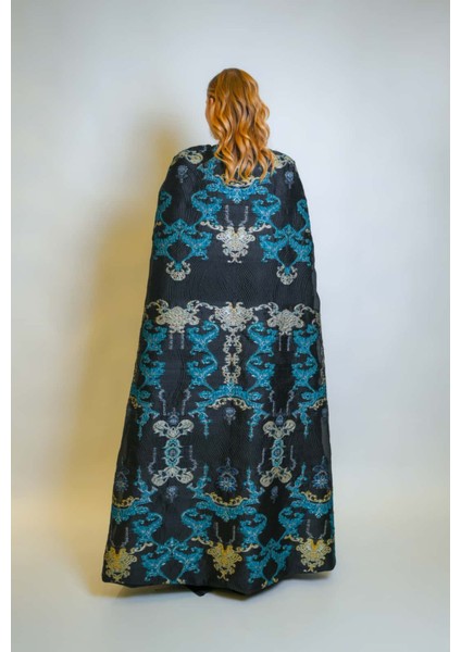 Özel Turkuaz Desen Jakar Kumaş ve Straplez Saten Elbise Kaftan Set fırsatları