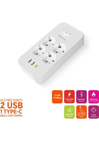 MP25 Akım Korumalı Uzatma Kablosu 4'lü Priz 2 USB Type-C Pd 20W 2 Metre Beyaz modelleri