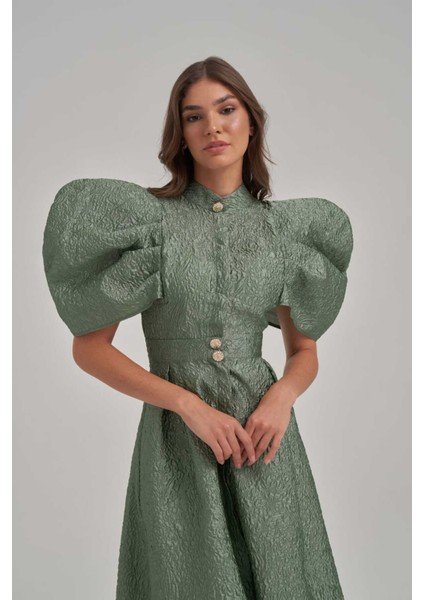 Desenli Özel Kumaş Balon ve Vatka Görünümlü Midi Elbise