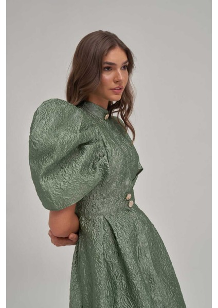 Desenli Özel Kumaş Balon ve Vatka Görünümlü Midi Elbise fiyatları