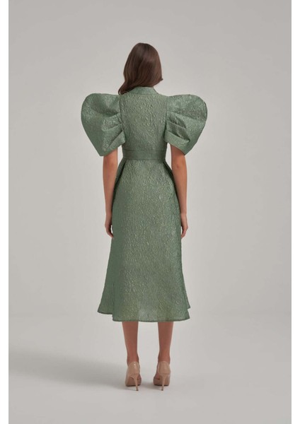 Desenli Özel Kumaş Balon ve Vatka Görünümlü Midi Elbise modelleri