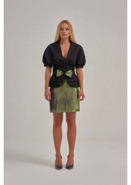 Saten Belden Büzgülü Ceket Şerit Desenli Jakar Kumaş Etek