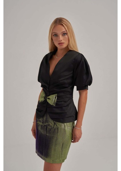 Saten Belden Büzgülü Ceket Şerit Desenli Jakar Kumaş Etek fiyatları