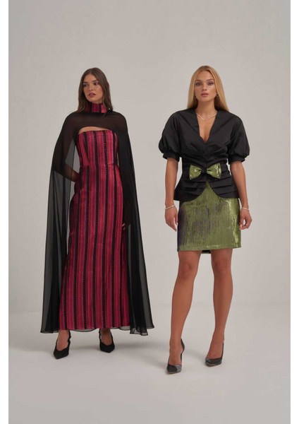Saten Belden Büzgülü Ceket Şerit Desenli Jakar Kumaş Etek modelleri
