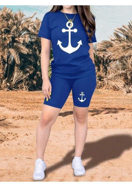 Kadın Kısa Kollu Çapa Baskılı Viskon Ikili Takım