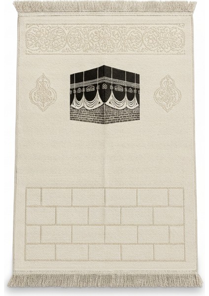 Kişiye Özel Nakış Işlemeli Kabe Motifli Saçaklı Beyaz Renk Hediyelik Seccade