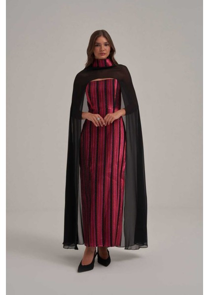 Straplez Şifon Şallı Desenli Parlak Jakar Kumaş Uzun Elbise