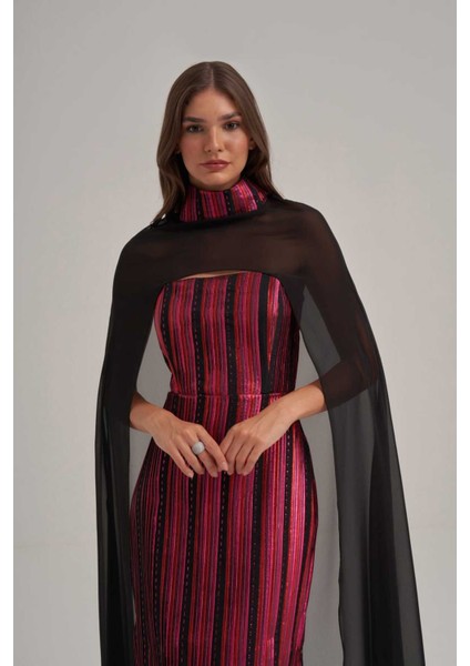 Straplez Şifon Şallı Desenli Parlak Jakar Kumaş Uzun Elbise fiyatları