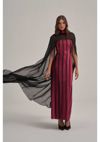 Straplez Şifon Şallı Desenli Parlak Jakar Kumaş Uzun Elbise modelleri