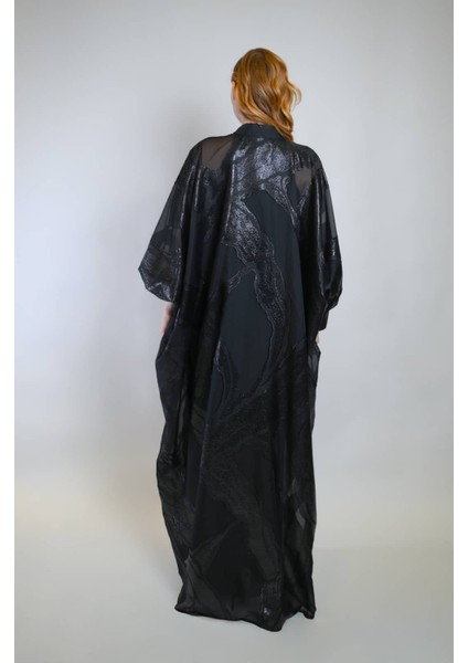 Işıltılı Siyah Jakar Kumaş ve Iç Elbiseli Sendi Kumaş Ikili Takım Abaya modelleri