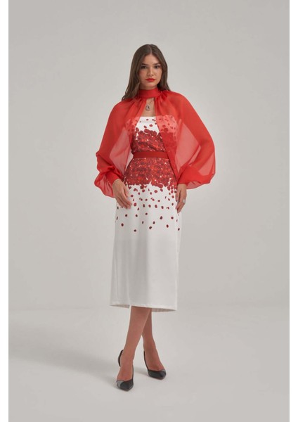 Straplez Desenli Kumaş Midi Elbise