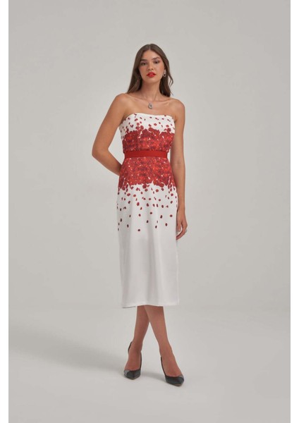 Straplez Desenli Kumaş Midi Elbise fiyatları