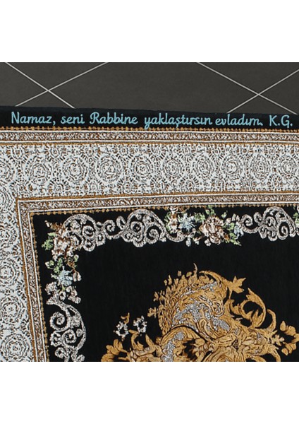 Kişiye Özel Nakış Işlemeli Çiçek Desenli Kendinden Saçaklı Siyah Renk Hediyelik Seccade modelleri