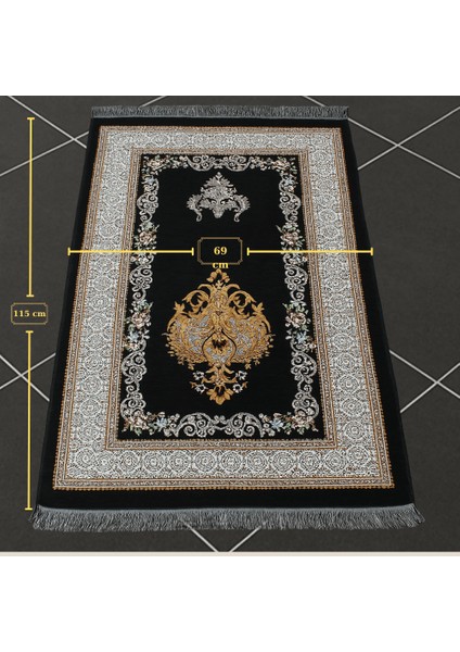 Kişiye Özel Nakış Işlemeli Çiçek Desenli Kendinden Saçaklı Siyah Renk Hediyelik Seccade fırsatları