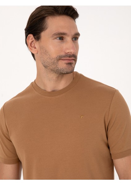 Erkek Kahverengi Regular Fit %100 Pamuk Bisiklet Yaka Basic T-shirt 50319801-VR153 fiyatları