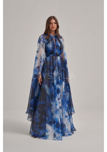 Desenli Mavi Yaka Taş Işlemeli Pelerin Elbise