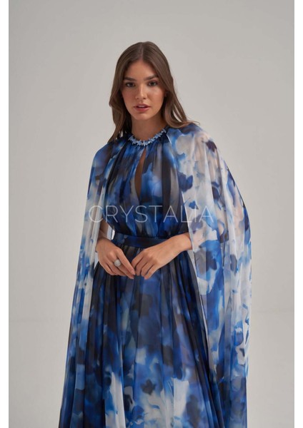 Desenli Mavi Yaka Taş Işlemeli Pelerin Elbise modelleri