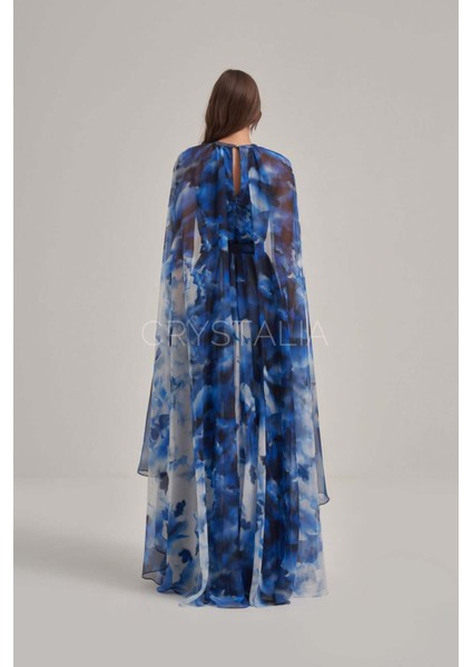 Desenli Mavi Yaka Taş Işlemeli Pelerin Elbise fırsatları