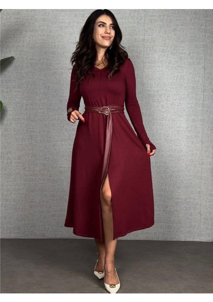 Kadın Uzun Kollu Yakalı Belden Deri Detaylı Kuşaklı Yırtmaçlı Midi Viskon Iki Iplik Elbise modelleri
