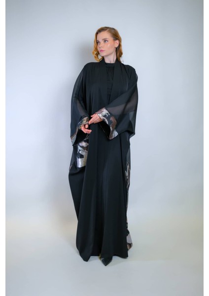 Kol Ucu Cep Detaylı Jakar Kumaş ve Iç Elbiseli Sendi Kumaş Ikili Takım Abaya