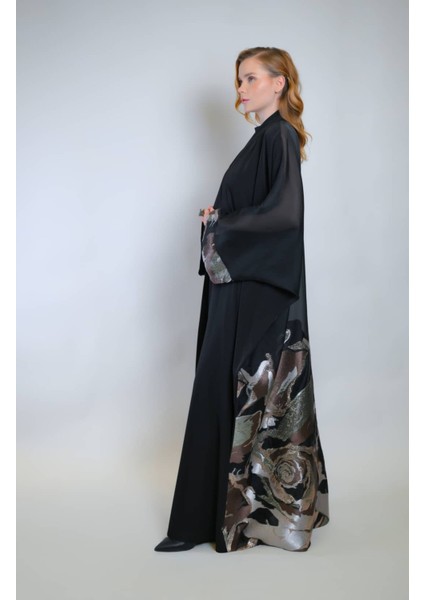 Kol Ucu Cep Detaylı Jakar Kumaş ve Iç Elbiseli Sendi Kumaş Ikili Takım Abaya fiyatları