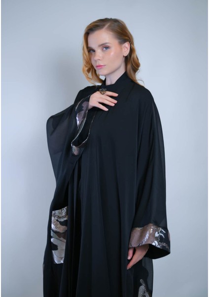 Kol Ucu Cep Detaylı Jakar Kumaş ve Iç Elbiseli Sendi Kumaş Ikili Takım Abaya modelleri