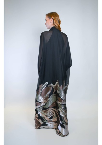 Kol Ucu Cep Detaylı Jakar Kumaş ve Iç Elbiseli Sendi Kumaş Ikili Takım Abaya fırsatları