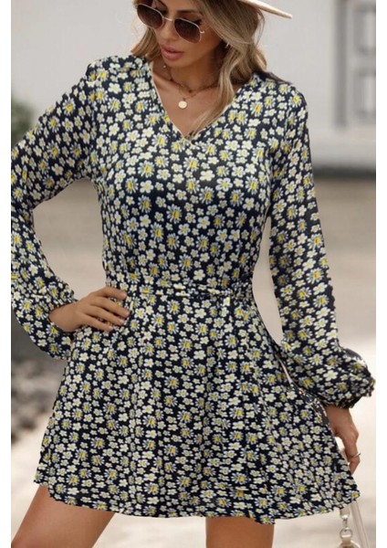 Kadın Uzun Kollu V Yaka Çiçek Desenli Helen Kumaş Elbise indirimleri