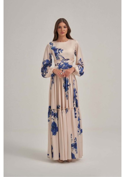 Mavi Desenli Saten Büzgülü Elbise