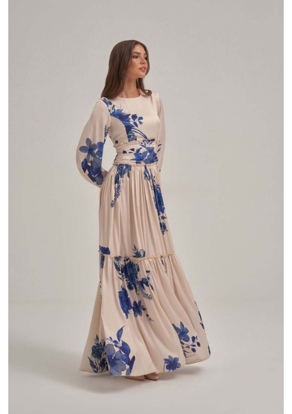 Mavi Desenli Saten Büzgülü Elbise fiyatları