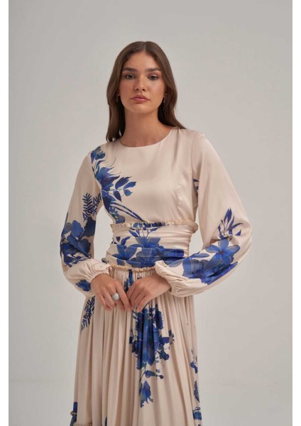 Mavi Desenli Saten Büzgülü Elbise modelleri