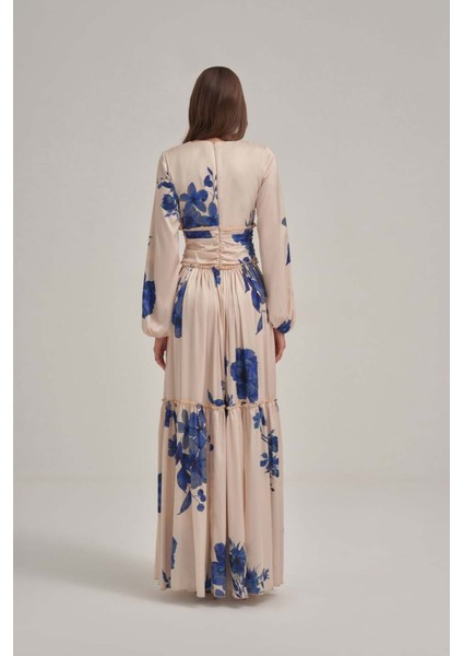 Mavi Desenli Saten Büzgülü Elbise fırsatları