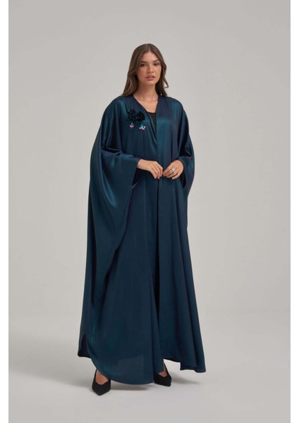Işıltılı Gece Mavisi Çiçek Motifli Abaya