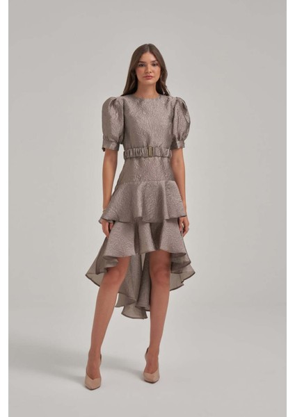 Balon Kol Katlı Jakar Kumaş Haki Elbise