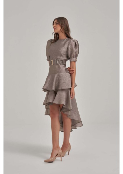 Balon Kol Katlı Jakar Kumaş Haki Elbise fiyatları