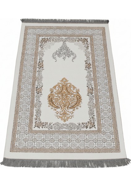 Kişiye Özel Nakış Işlemeli Çiçek Desenli Kendinden Saçaklı Beyaz Renk Hediyelik Seccade