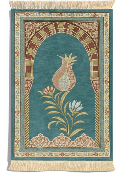 Kişiye Özel Nakış Işlemeli Lale Motifli Astarlı Saçaklı Yeşil Renk Hediyelik Seccade